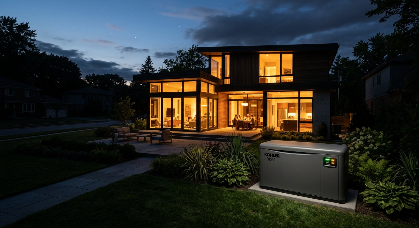 גנרטור חירום ביתי Kohler 20kW מותקן בחצר של בית פרטי מואר בלילה, מספק פתרון גיבוי חשמל.